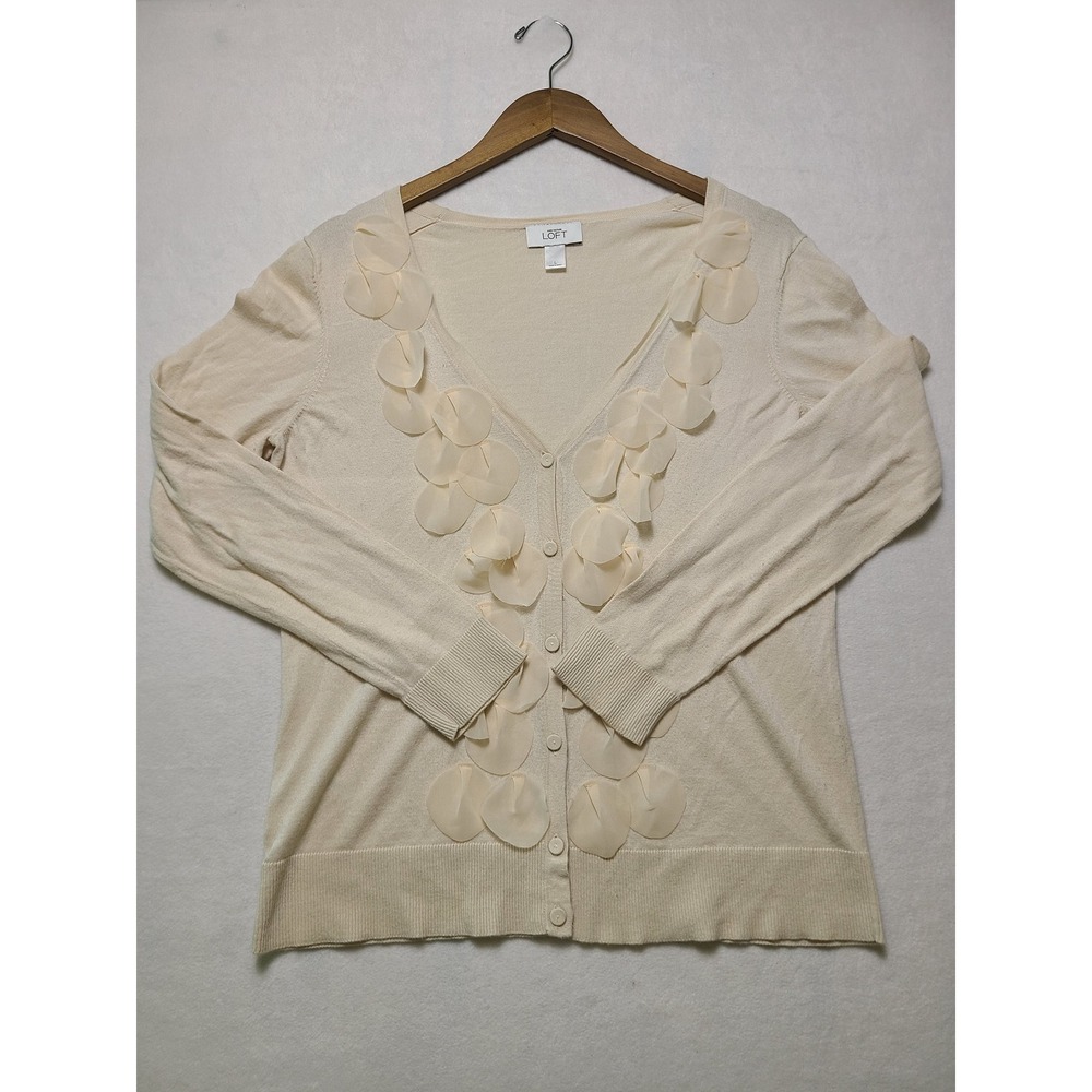 LOFT Large Cardigan Sweater Feminine Petal Applique Cream Pima Cotton V-Neck